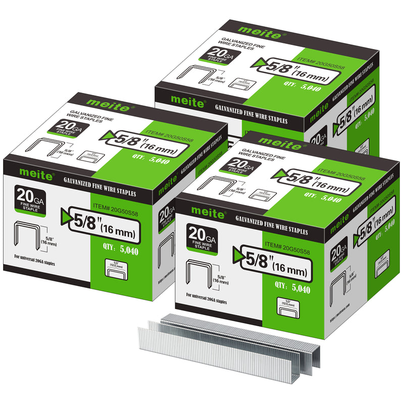 Meite USA three boxes of 20Ga 1/2-inch crown 5/8'' length upholstery staples with 5040 pieces per box on a white background, shown with two rows of galvanized staples in front