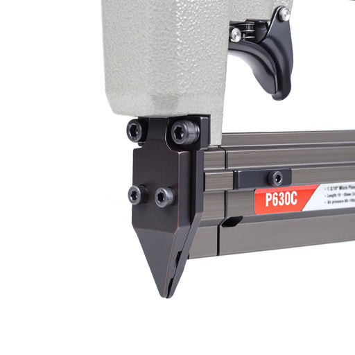 Detailed view of meite USA P630C 23 gauge pin nailer showing metal muzzle