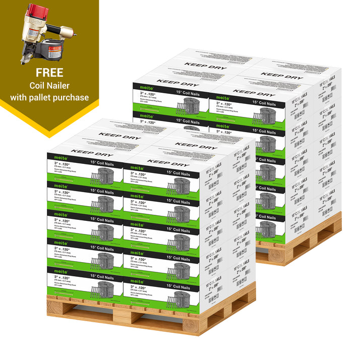 Meite USA 3 inch length coil siding nails, a full pallet with 40 boxes at 4500 pieces per box, displayed with included coil siding nailer on a white background