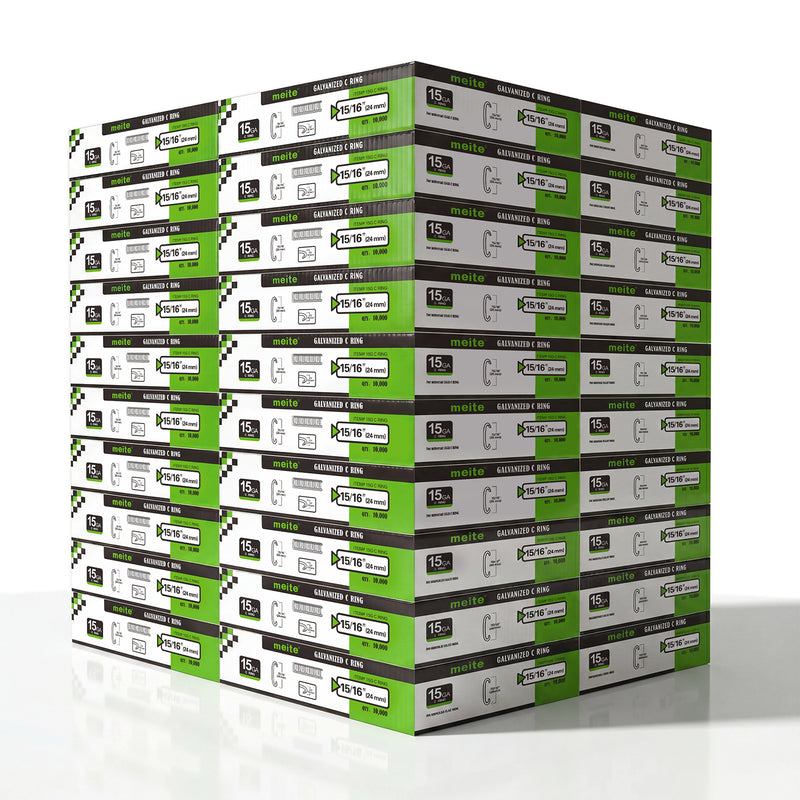 Meite USA 40 boxes 15 gauge 3/4" crown hog rings at 10000 pieces per box, displayed on a white background