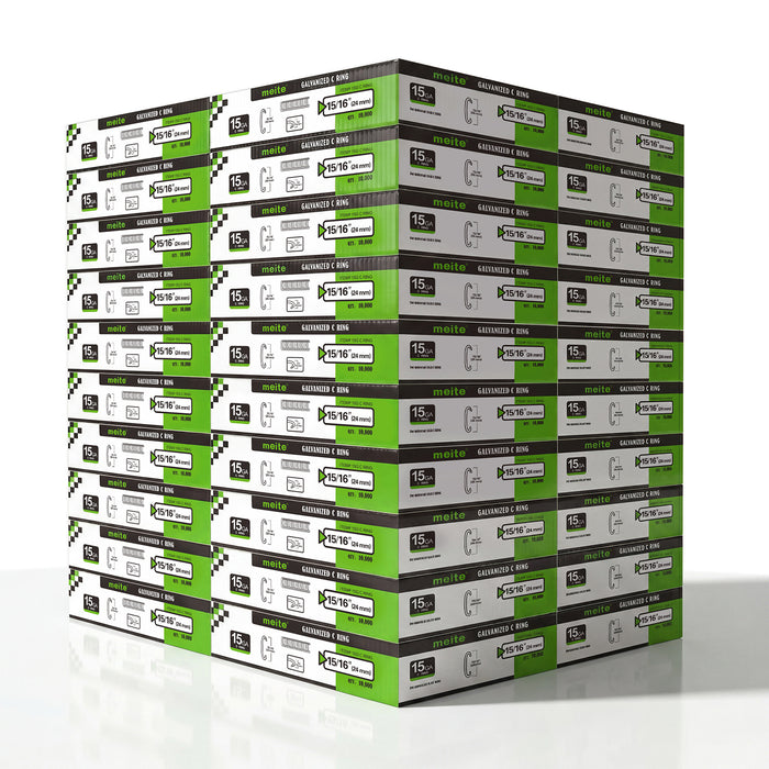 Meite USA 40 boxes 15 gauge 3/4" crown hog rings at 10000 pieces per box, displayed on a white background