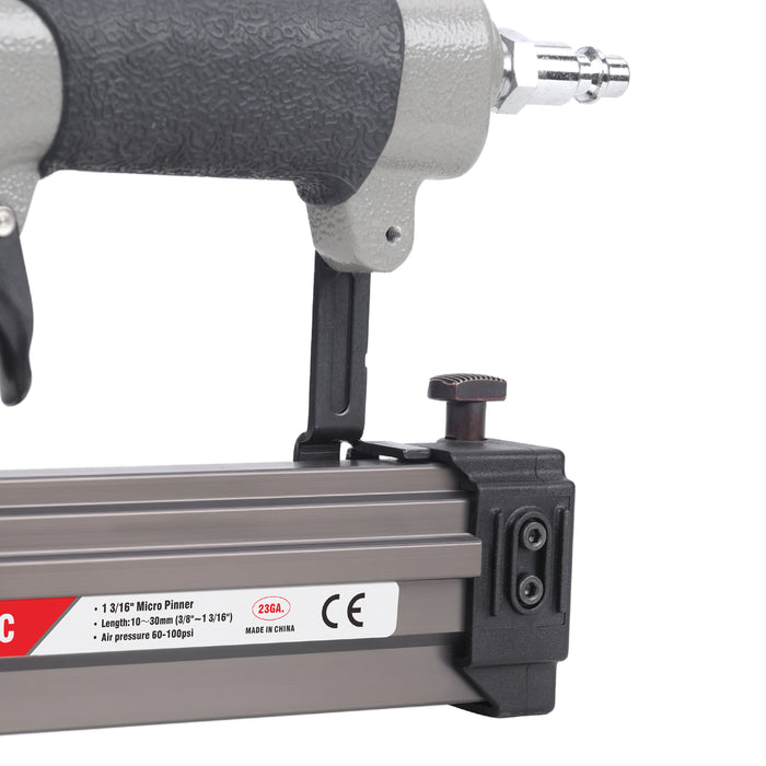 Close-up of fast nail reloading system on meite USA P630C 23 gauge pneumatic pin nailer