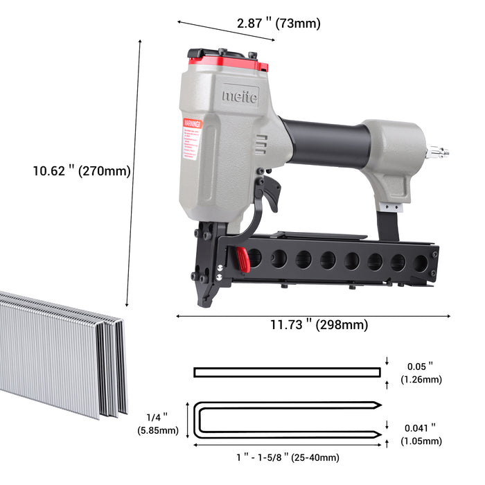 Dimensions and compatible staple specifications of the meite USA 440KB 18Ga 1/4'' Crown Pneumatic Upholstery stapler in white background