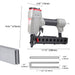 Dimensions and compatible staple specifications of the meite USA 440KB 18Ga 1/4'' Crown Pneumatic Upholstery stapler in white background