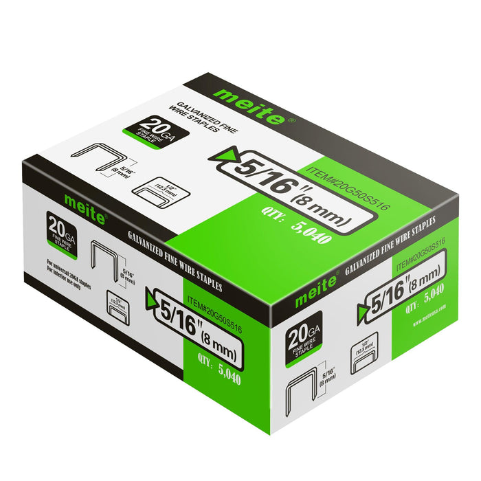 20 Gauge 50 Series 1/2" Crown 1/4" to 5/8" Length Galvanized Fine Wire Staples - MEITE USA