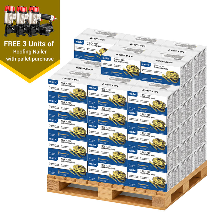 Meite USA 1-3/4 inch length roofing coil nails, a full pallet with 50 boxes at 7200 pieces per box, displayed with three included roofing nailers on a white background