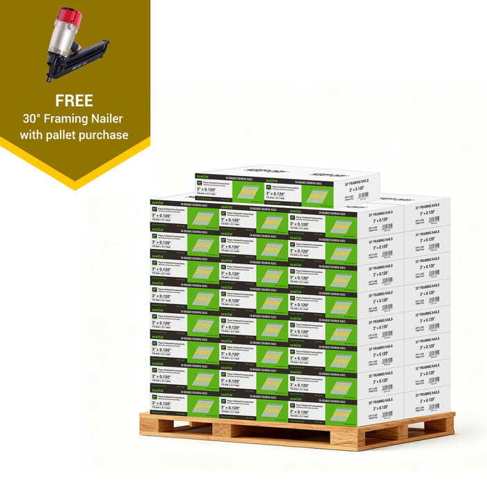 Meite USA 3 inch length 30-degree framing nails smooth shank, a full pallet with 50 boxes at 2000 pieces per box, displayed with included 30-degree framing nailer for free on a white background