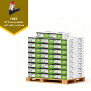 Meite USA 30-degree framing nails ring shank, a full pallet with 50 boxes at 2000 pieces per box, displayed with included 30-degree framing nailer for free on a white background