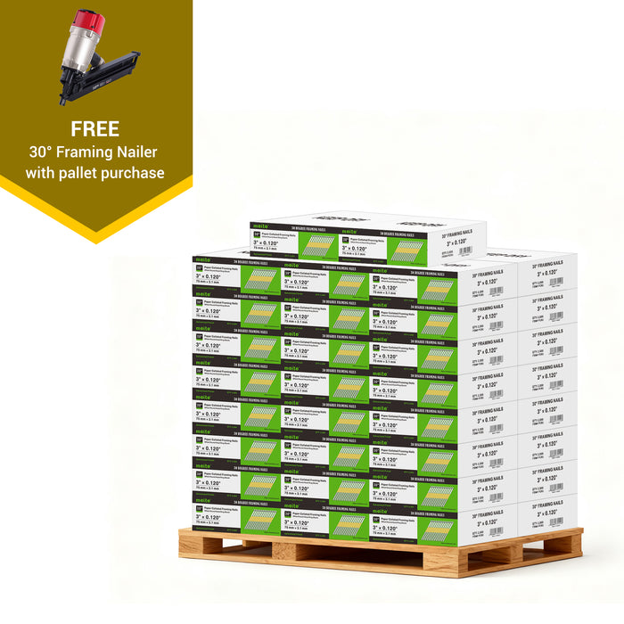 Meite USA 30-degree framing nails ring shank, a full pallet with 50 boxes at 2000 pieces per box, displayed with included 30-degree framing nailer for free on a white background