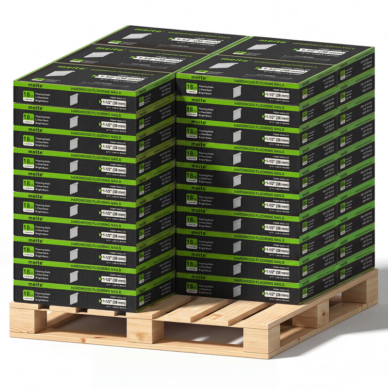 50 Cases of meite USA 18Ga 1-1/2 inch length L-cleat flooring nails, 5 boxes in one case, 250,000 PCS in total, in white background