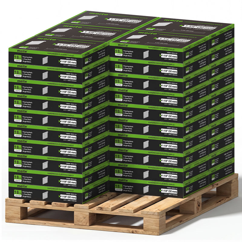50 Cases of meite USA 18Ga 1-1/4 inch length L-cleat flooring nails, 5 boxes in one case, 250,000 PCS in total, in white background