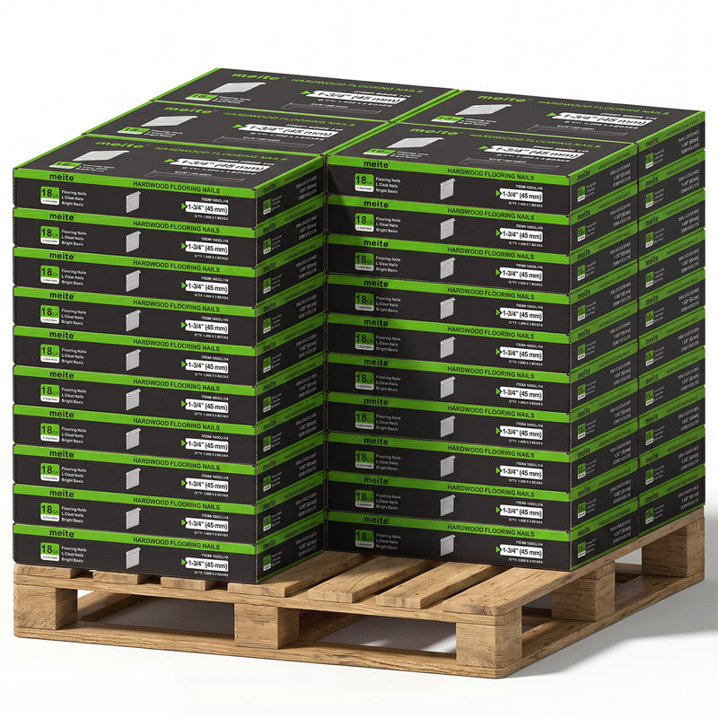 50 Cases of meite USA 18Ga 1-3/4 inch length L-cleat flooring nails, 5 boxes in one case, 250,000 PCS in total, in white background