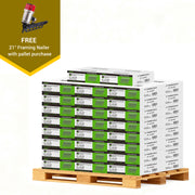 Meite USA 21-degree 2 inch length framing nails, a full pallet with 50 boxes at 1000 pieces per box, displayed with included 21-degree framing nailer on a white background
