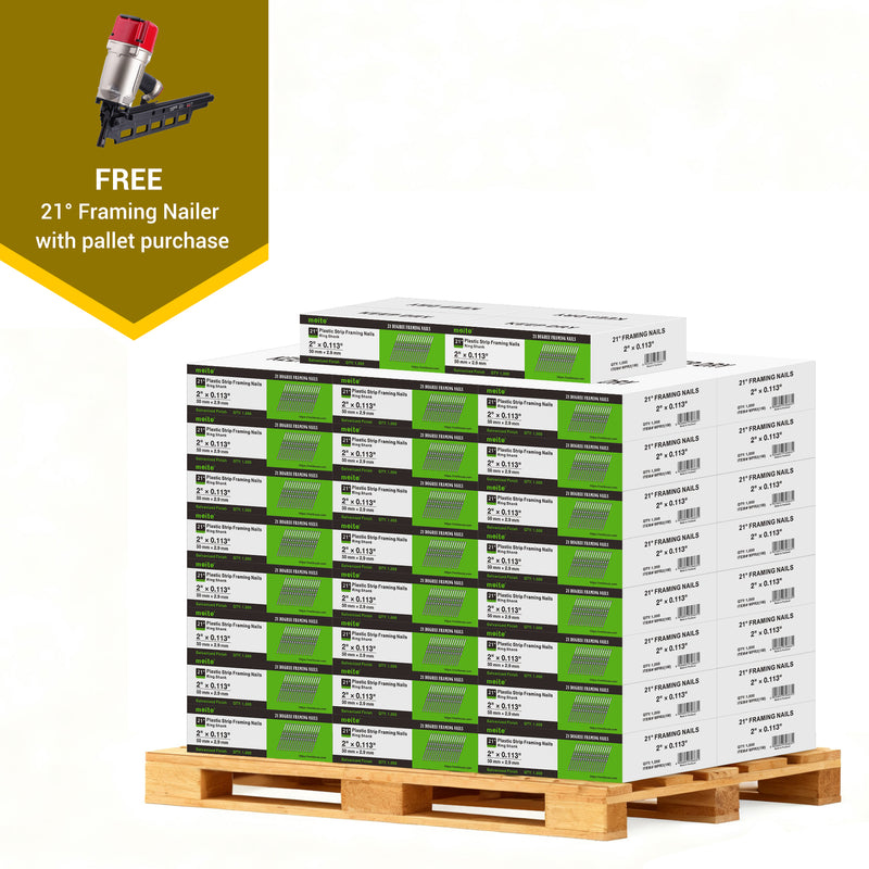 Meite USA 21-degree 2 inch length framing nails, a full pallet with 50 boxes at 1000 pieces per box, displayed with included 21-degree framing nailer on a white background
