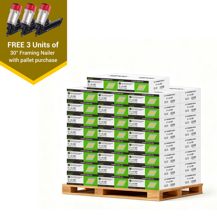 Meite USA 30-degree framing nails, a full pallet with 50 boxes at 2000 pieces per box, displayed with three included 30-degree framing nailers on a white background