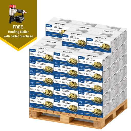 Meite USA 1-3/4 inch length roofing coil nails, a full pallet with 50 boxes at 7200 pieces per box, displayed with one free roofing nailers on a white background