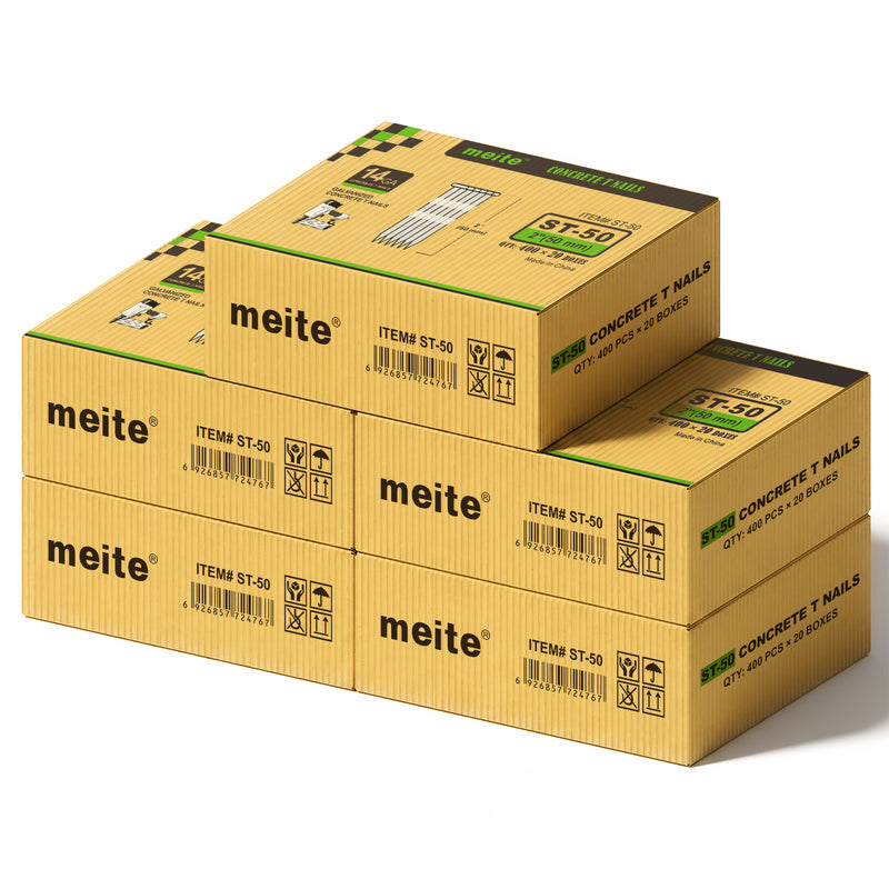 Meite USA 14 gauge 2 inch length concrete T nails, 5 cases at 20 boxes per case, 40000 pcs in total, displayed at a white background