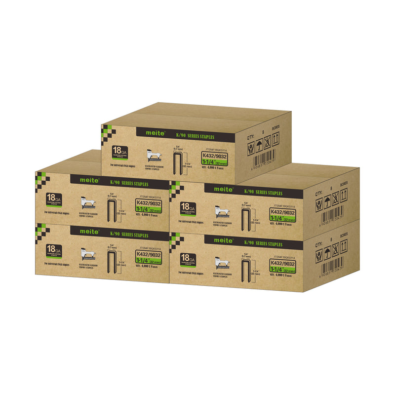 Meite USA 18 gauge 1/4 inch crown staples in 1-1/4 inch length, 5 cases at 8 boxes per case, displayed on a white background