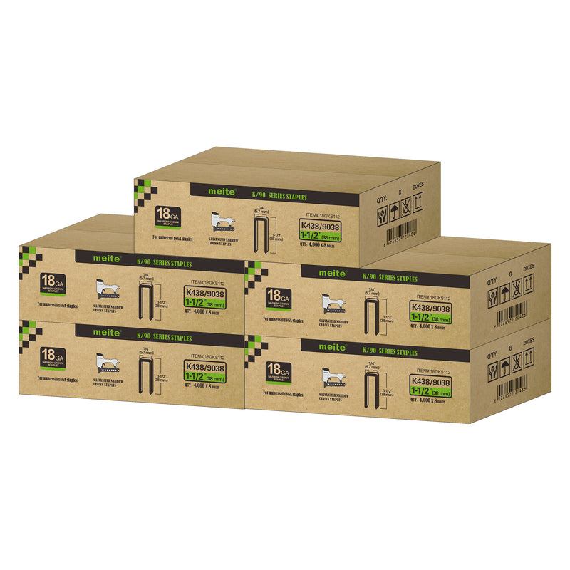 Meite USA 18 gauge 1/4 inch crown staples in 1-1/2 inch length, 5 cases at 8 boxes per case, displayed on a white background