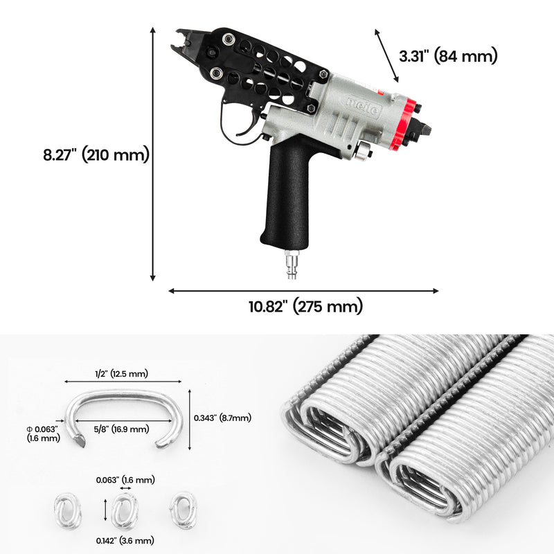 Length, width, height, and compatible hog rings of SC760S-I2 Meite USA 16Ga hog ring tool