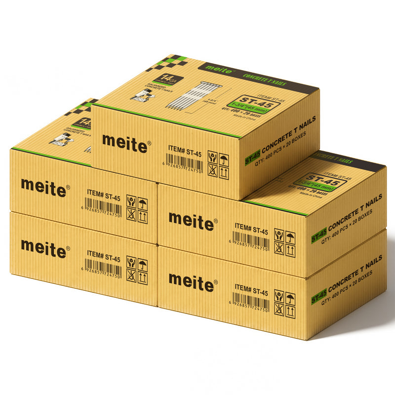 Meite USA 14 gauge 1 3/4 inch length concrete T nails, 5 cases at 20 boxes per case, 40000 pcs in total, displayed at a white background