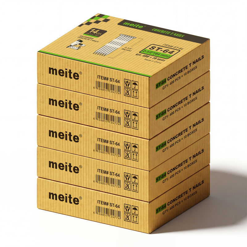 Meite USA 14 gauge 2 1/2 inch length concrete T nails, 5 cases at 10 boxes per case, 20000 pcs in total, displayed at a white background