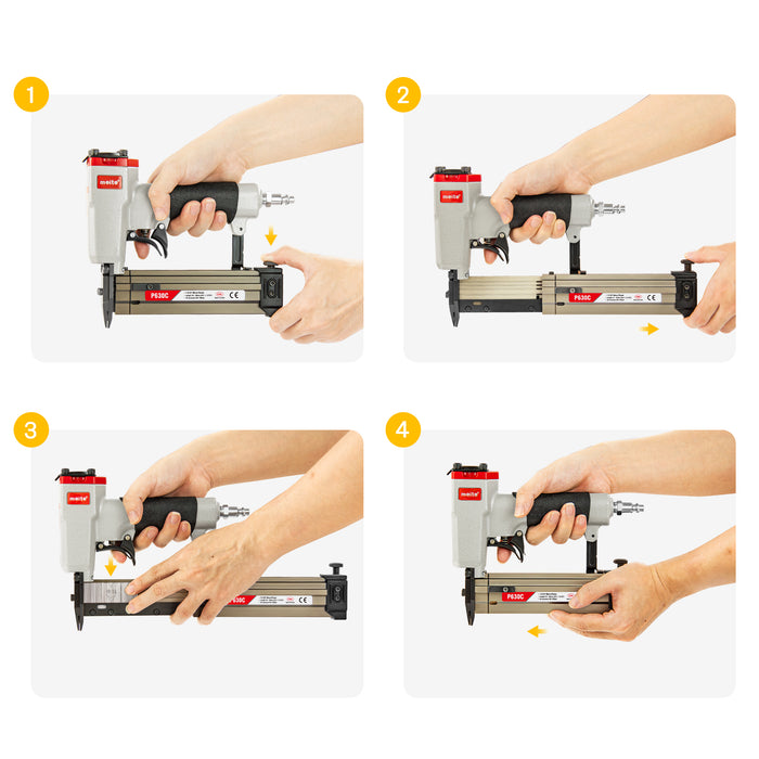 A detailed 4-step loading nails tutorial for meite USA P630C 23 gauge pin nailer