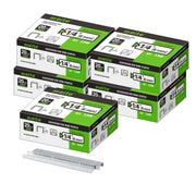 Meite USA five boxes of 20Ga 1/2-inch crown 1/4'' length upholstery staples with 5040 pieces per box on a white background, shown with two rows of galvanized staples in front