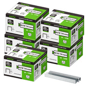 Meite USA five boxes of 20Ga 1/2-inch crown 9/16'' length upholstery staples with 5040 pieces per box on a white background, shown with two rows of galvanized staples in front