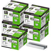 Meite USA five boxes of 20Ga 1/2-inch crown 5/8'' length upholstery staples with 5040 pieces per box on a white background, shown with two rows of galvanized staples in front