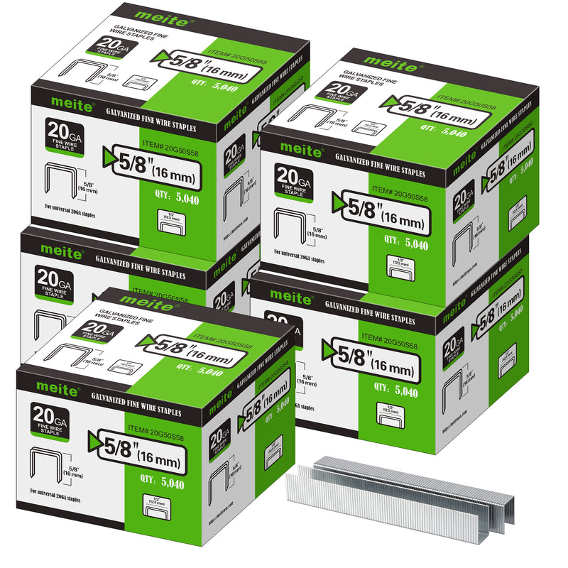 Meite USA five boxes of 20Ga 1/2-inch crown 5/8'' length upholstery staples with 5040 pieces per box on a white background, shown with two rows of galvanized staples in front