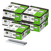 Meite USA five boxes of 20Ga 1/2-inch crown 5/16'' length upholstery staples with 5040 pieces per box on a white background, shown with two rows of galvanized staples in front