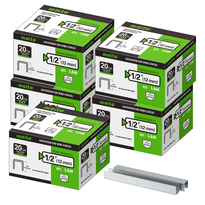 Meite USA five boxes of 20Ga 1/2-inch crown 1/2'' length upholstery staples with 5040 pieces per box on a white background, shown with two rows of galvanized staples in front