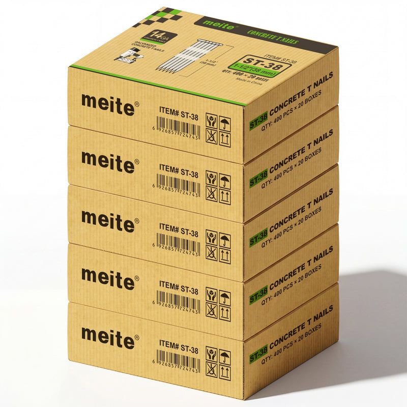 Meite USA 14 gauge 1 1/2 inch length concrete T nails, 5 cases at 20 boxes per case, 40000 pcs in total, displayed at a white background