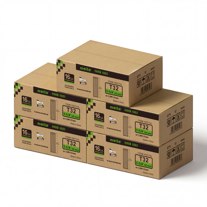 Meite USA 16 gauge 1-1/4 inch length finish nails, 5 cases at 12 boxes per case, displayed on a white background