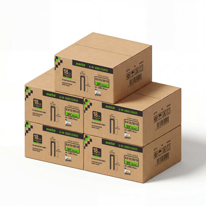 Meite USA 18 gauge 1/4 inch crown staples in 3/4 inch length, 5 cases at 10 boxes per case, displayed on a white background