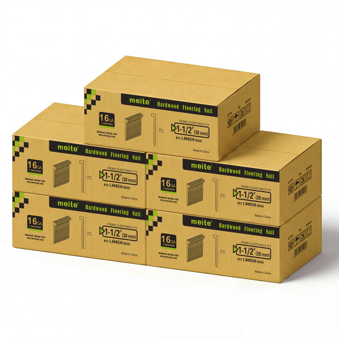 5 Cases of meite USA 16Ga 1-1/2 inch length L-cleat flooring nails, 10 boxes in one case, 50,000 PCS in total, in white background
