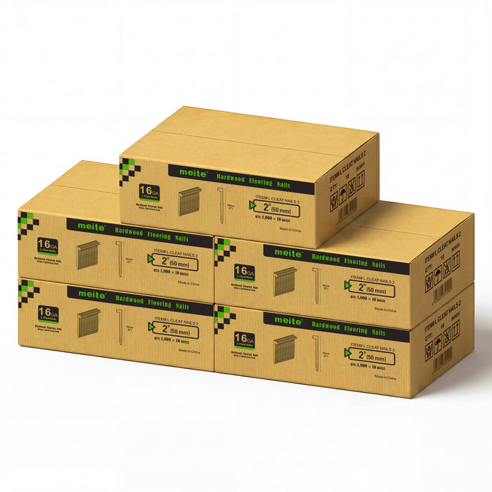 5 Cases of meite USA 16Ga 2 inch length L-cleat flooring nails, 10 boxes in one case, 50,000 PCS in total, in white background