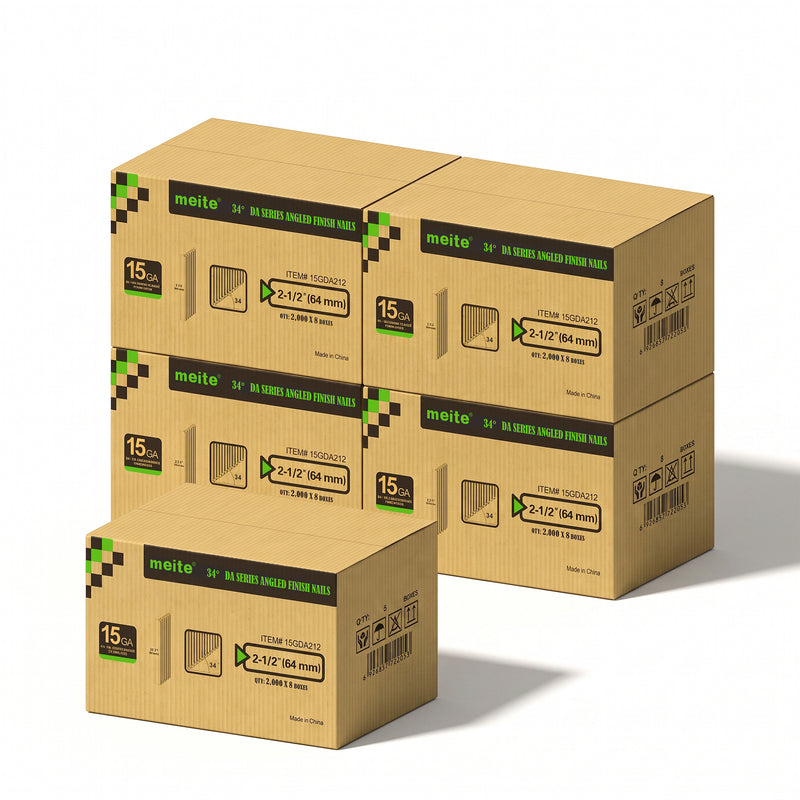 meite USA 15 gauge 34 degree 2-1/2 inches angled finish nails, 5 cases at 8 boxes per case, 80000 pcs in total