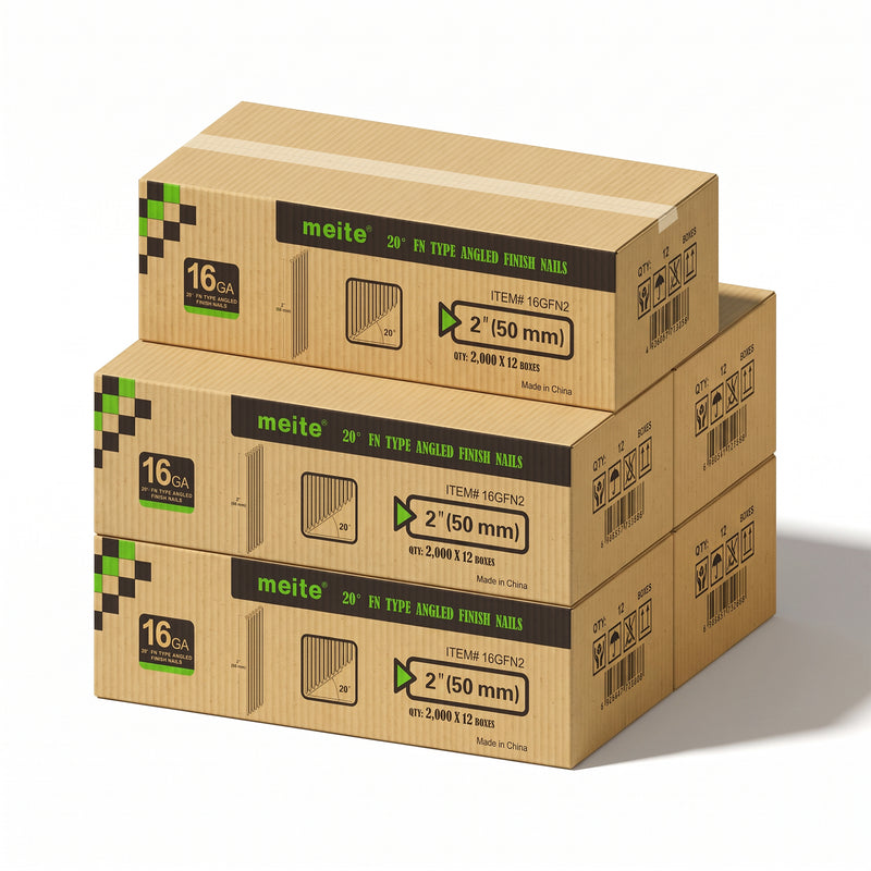 meite USA 16Ga 20 Degree 2 inch FN Angled Finish Nails, 5 cases at 12 boxes per case, 120000 pcs in total