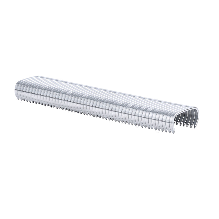 Meite USA 16Ga 11/16-inch crown P7 galvanized hog rings displayed in a single strip on a white background