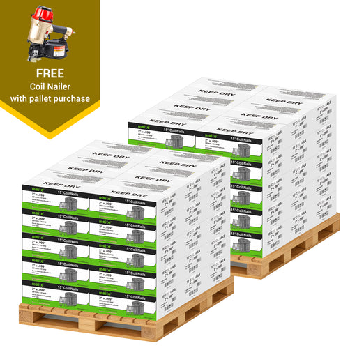 Meite USA 2 inch length coil siding nails, a full pallet with 60 boxes at 3000 pieces per box, displayed with included coil siding nailer on a white background