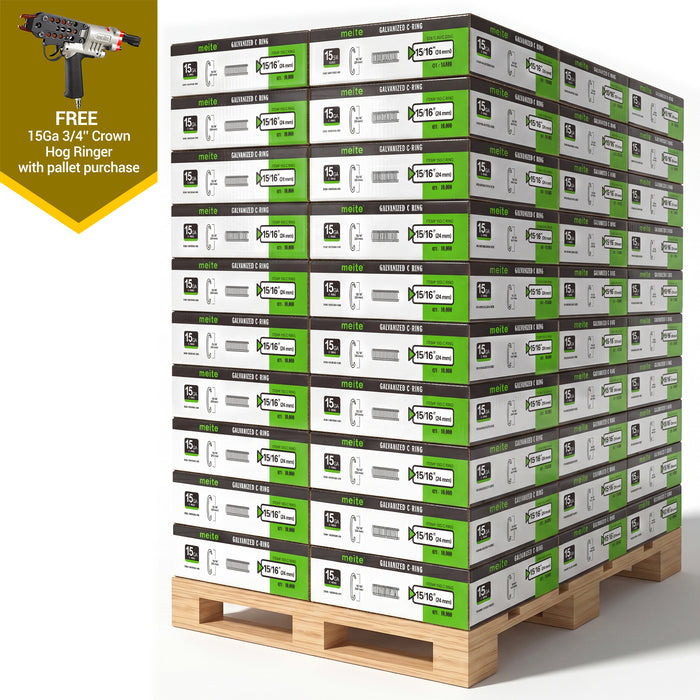 Meite USA 60 boxes 15 gauge 3/4" crown hog rings at 10000 pieces per box, displayed on a white background