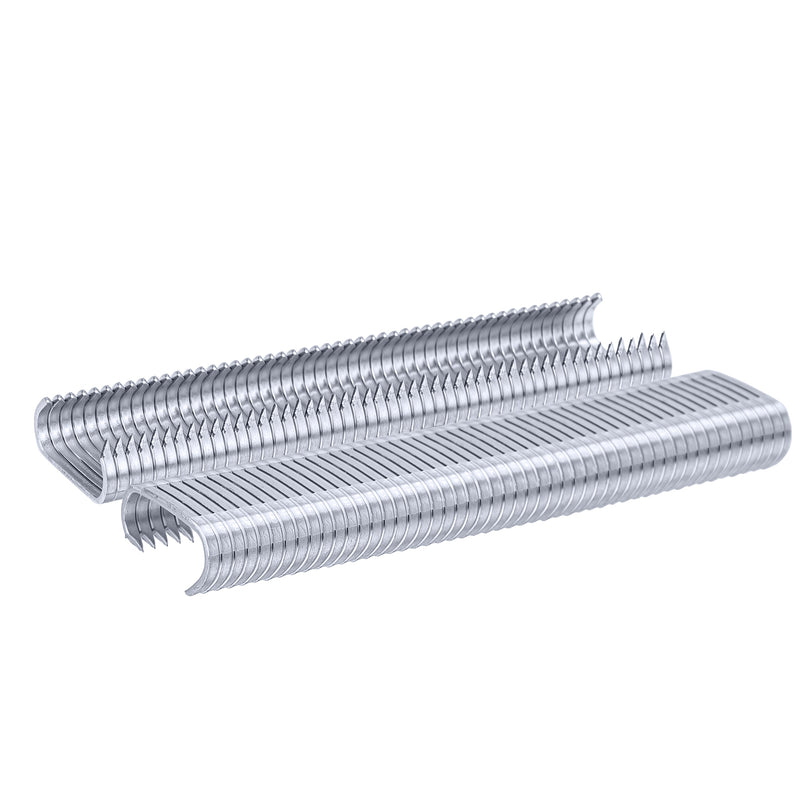 Two strips of Meite USA 16 gauge 11/16" crown P7 hog rings displayed on a white background 