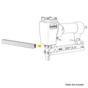 Meite USA 20 Gauge 10J Series galvanized upholstery staples with a compatible stapler line drawing on a white background