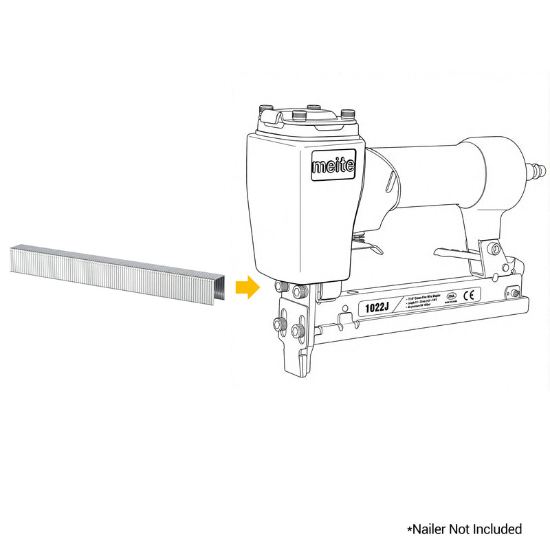 Meite USA 20 Gauge 10J Series galvanized upholstery staples with a compatible stapler line drawing on a white background