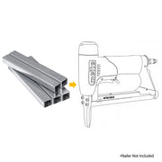 Meite USA 20 Gauge 1/2'' crown galvanized upholstery staples with a compatible stapler line drawing on a white background