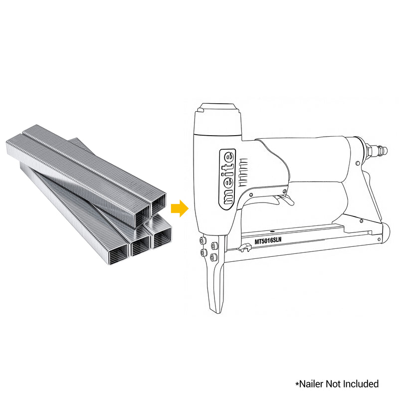 Meite USA 20 Gauge 1/2'' crown galvanized upholstery staples with a compatible stapler line drawing on a white background