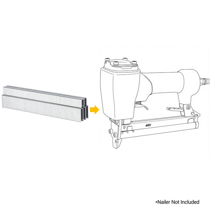 Meite USA 20 Gauge 1/5 crown 4J Series galvanized upholstery staples with a compatible stapler line drawing on a white background