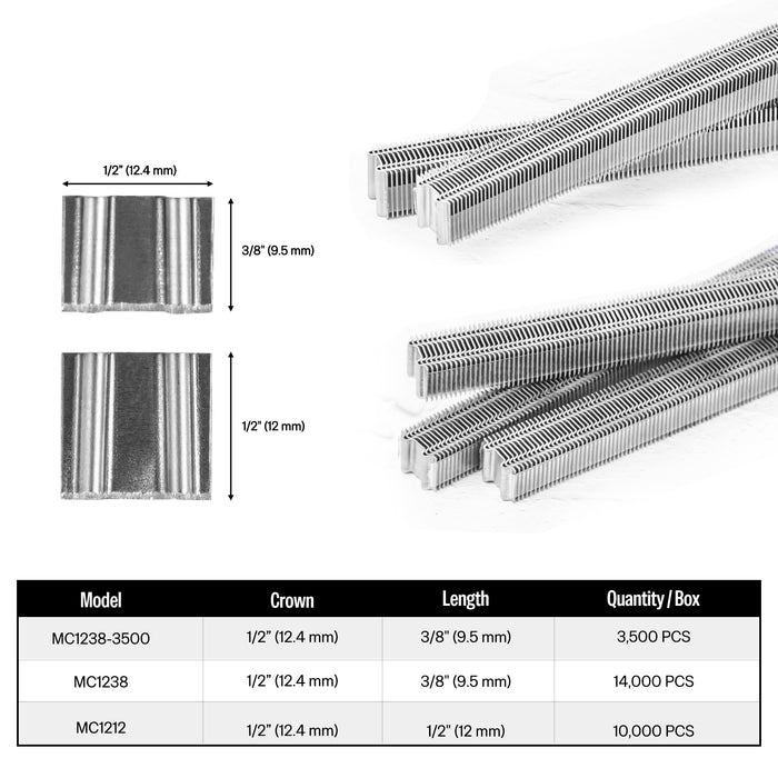 Size specification chart for Meite USA 1/2" Crown Corrugated Fasteners showing available lengths and package details